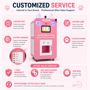 Maßgeschneiderter Service für den Nova Vending-Haustierwaschautomaten mit individuellem Logo, Sprachauswahl, Aufklebern, Garantie und Kundendienst