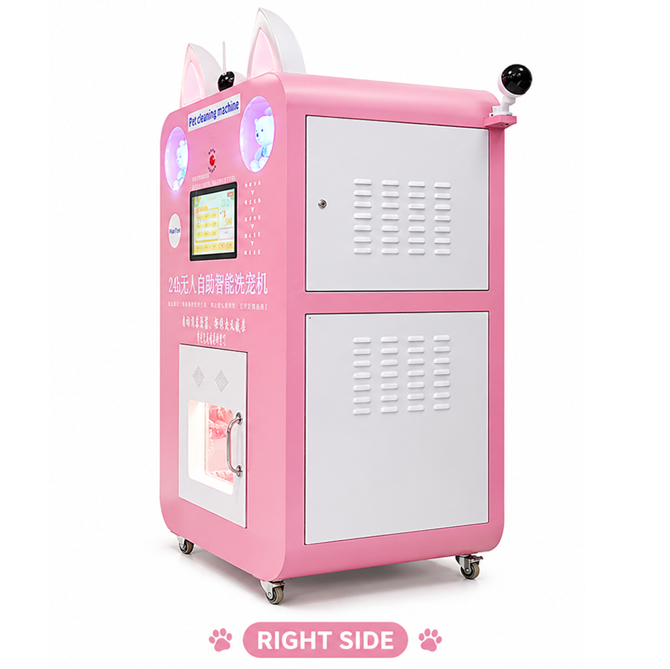 Nova Vending pet wash machine side view with touchscreen and wash chamber