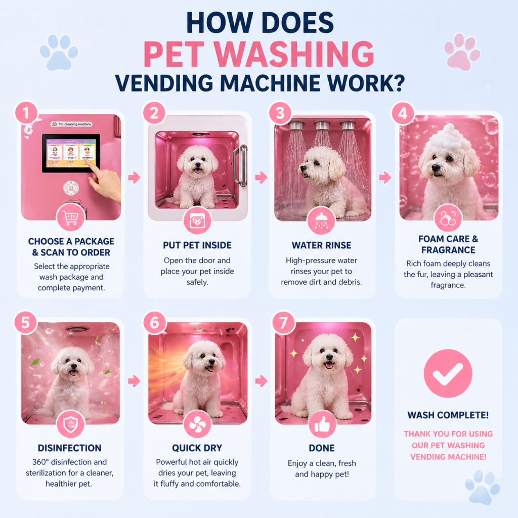 Nova Vending pet wash machine workflow infographic