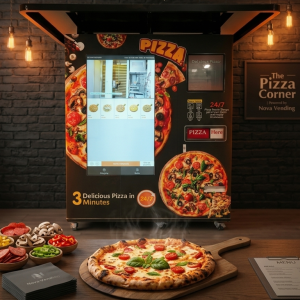 Nova Vending Pizza-Automat in Restaurant-Szene mit heißer Pizza, Touchscreen und 24/7 Selbstbedienung