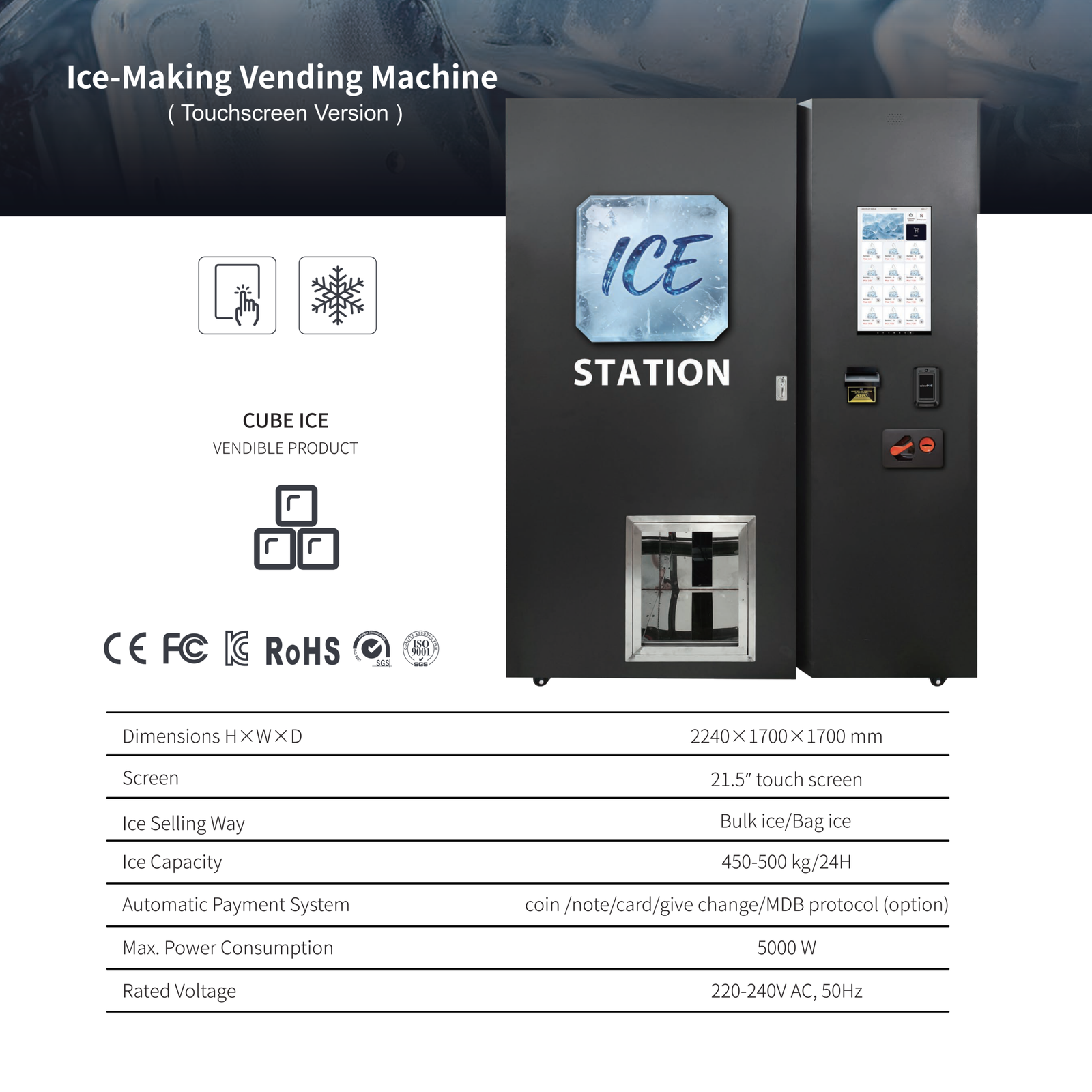 Ice Making Vending Machine specifications panel