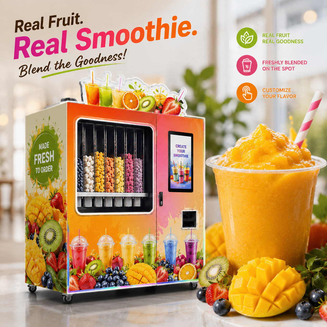 Nova Vending fresh smoothie machine with real fruit ingredients and customizable flavor selection