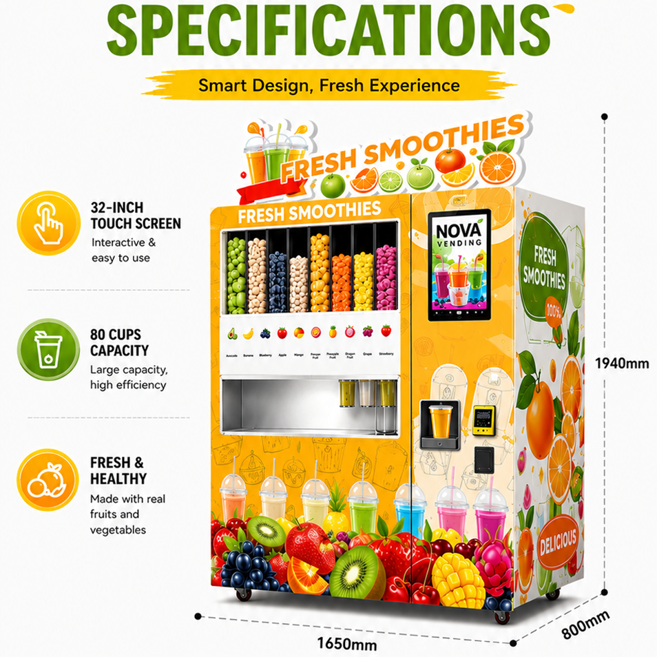 Nova Vending fresh smoothie vending machine dimensions and capacity specifications